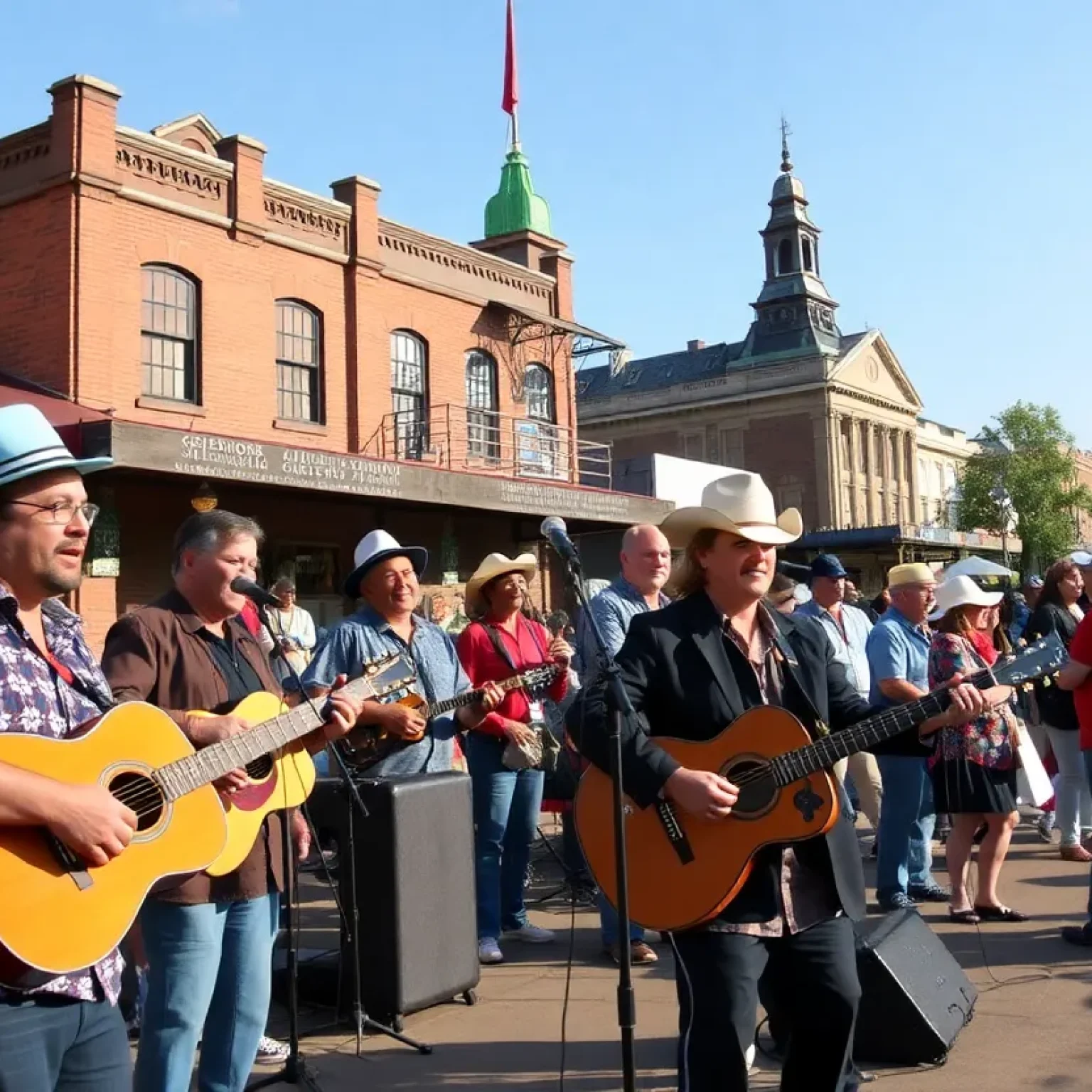 Vibrant community scene in Shreveport showcasing musicians and landmarks