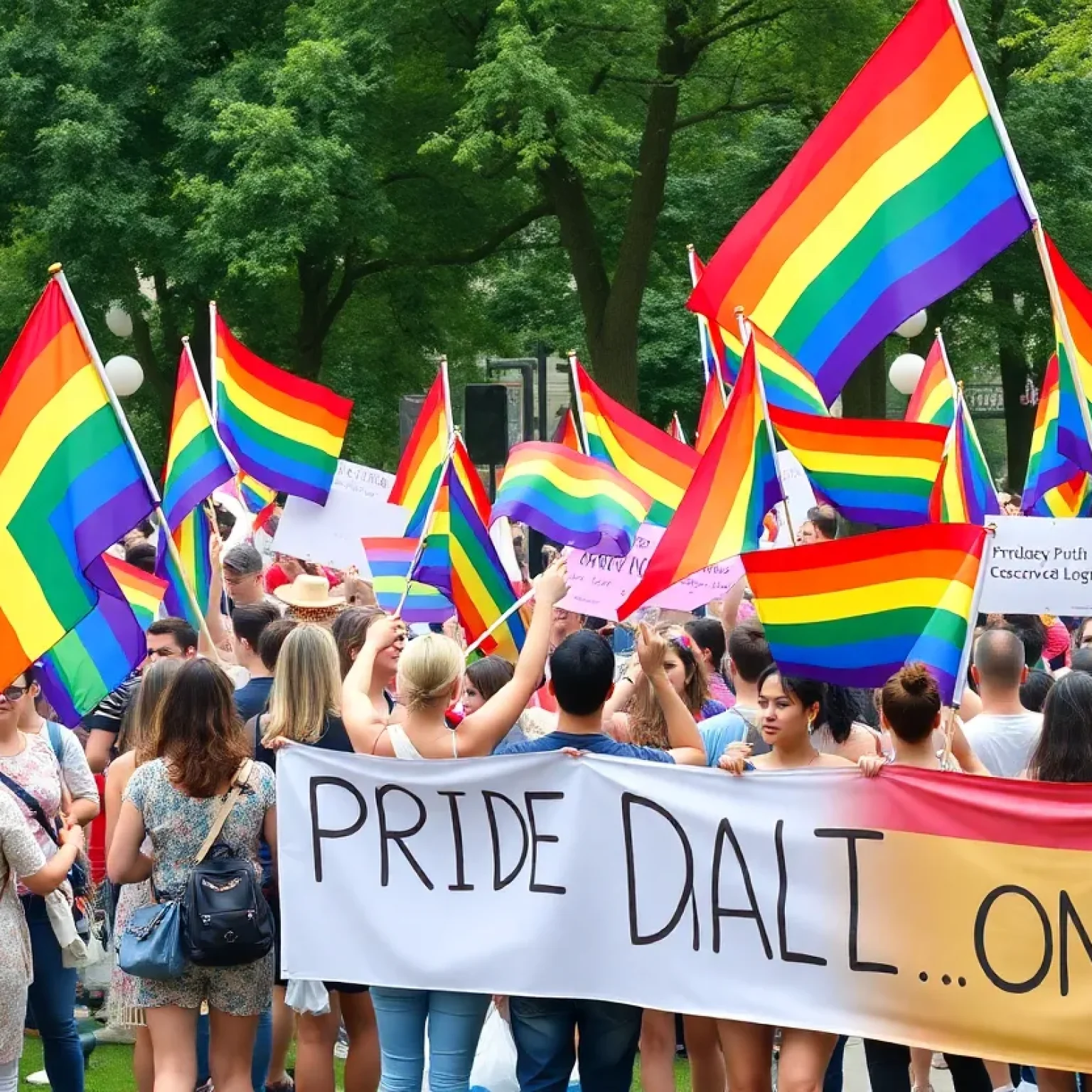 People celebrating Pride Month with rainbow flags in Shreveport.